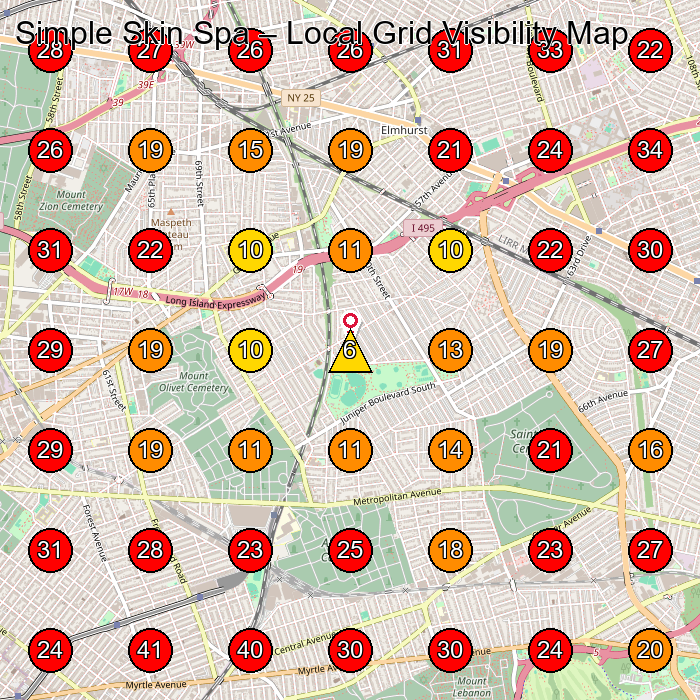 Simple Skin Spa GeoGrid visibility map for Beauty Salon in Queens